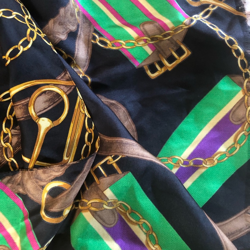 Oblong navy Silk Scarf with Gold Chain & Equestrian Bit Motif